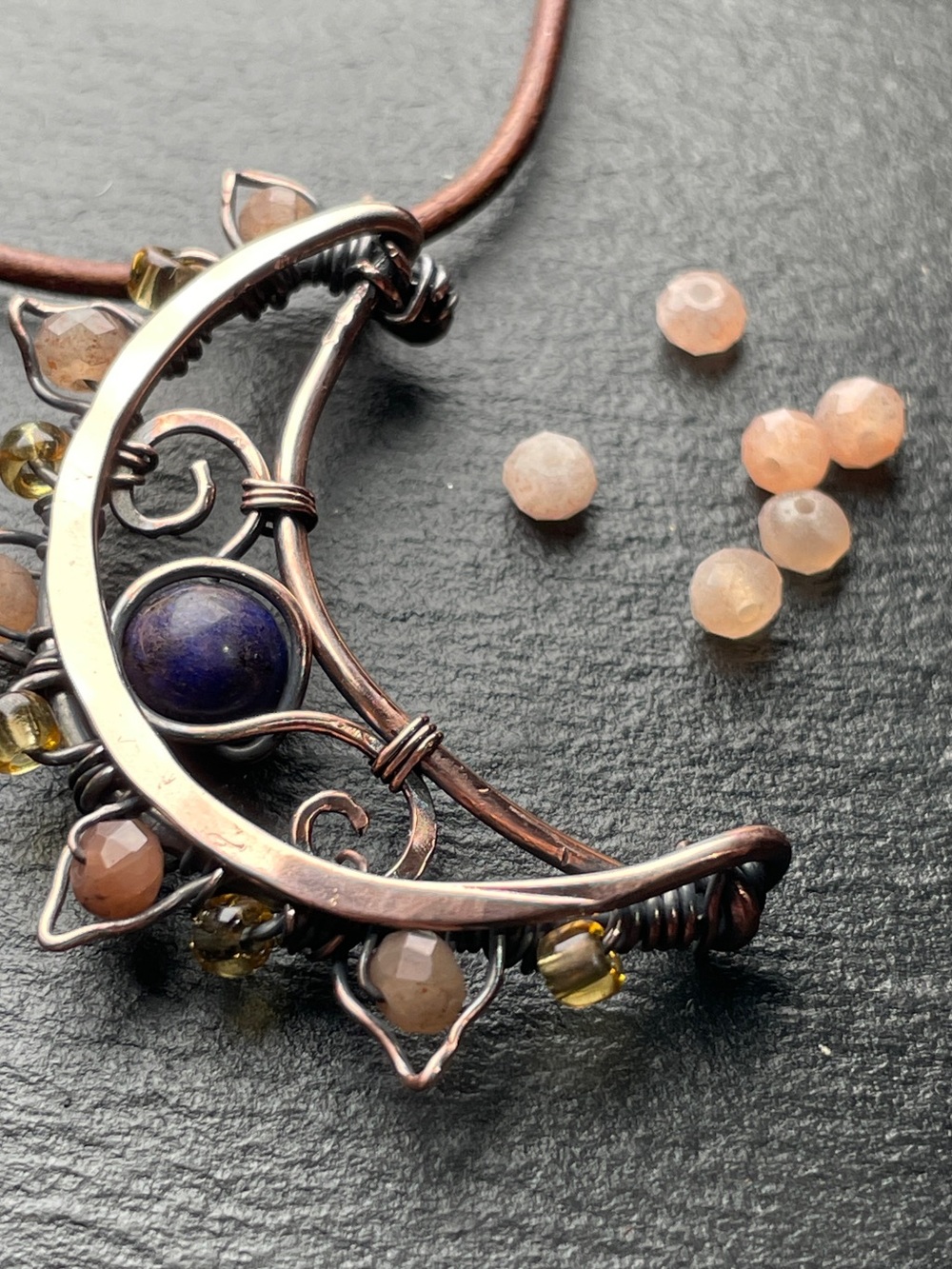 Moon in the Wild Handmade Crescent Necklace — Copper with Lapis And Sunstones - Picture 7 of 13
